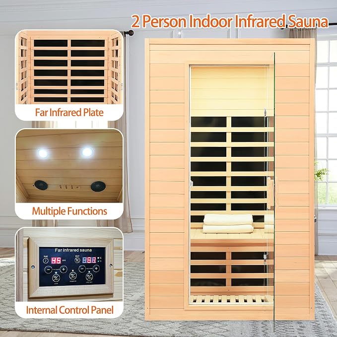 2 Person Infrared Sauna, Low EMF Far Infrared Sauna, Canadian Hemlock Wood Sauna for Home 1500W Indoor Sauna Home Spa Sauna with Bluetooth Speakers, Reading Lights, Roof Vent, Tempered Glass