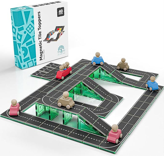 Learn & Grow Magnetic Tiles Road Toppers Set - 40PCs Road Expansion Pack (Tiles not Included), Magnet Car Play Accessories, STEM Building Toy - Construction Toys for Toddlers & Kids Age 3+