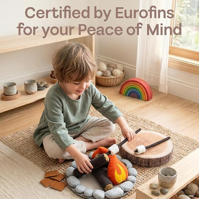 Pretend Campfire Set for Kids with S'Mores Kit & Wood Log Pillow - Soft, Safe & Durable Toy Campfire for Pretend Play & Sensory Play - Giftable Plush Felt Kids Campfire Playset for Ages 3+