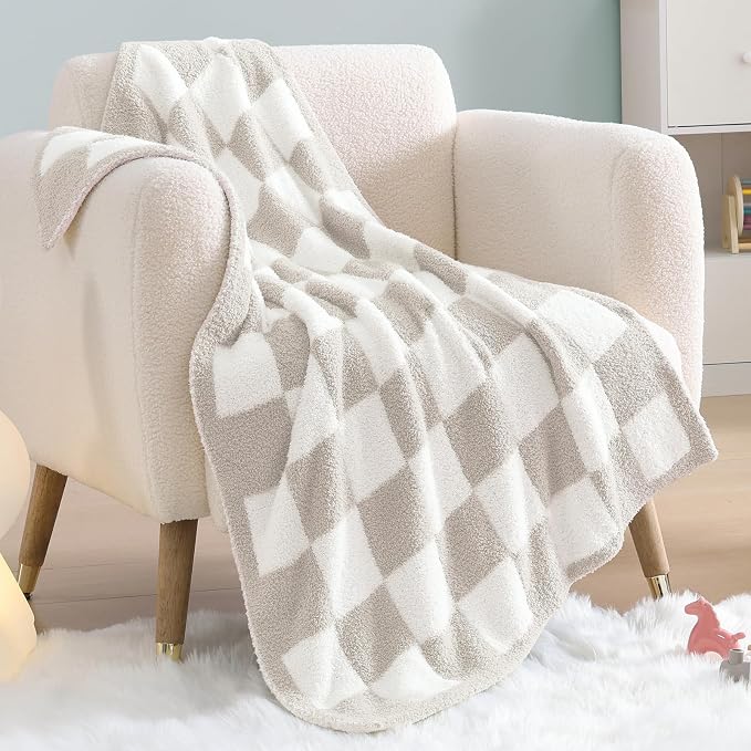 Soft Checkered Throw Blanket for Couch-Cozy Warm Knitted Blankets | Lightweight Fluffy Decor for Boys & Girls, Sofa, Chair, Bed, 30x40in,Taupe