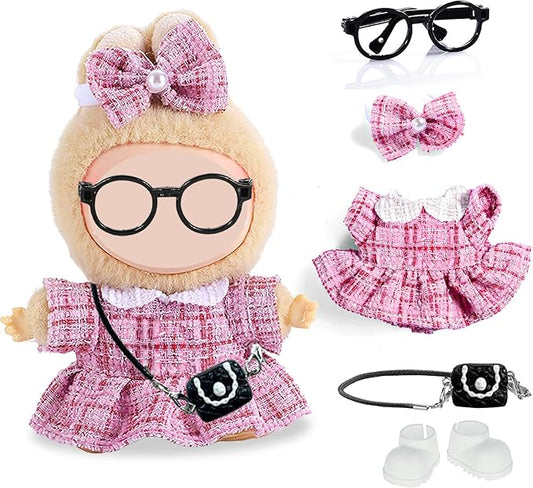 Fashion 17cm Chic Doll Clothes Accessories Set Include: 1 Hairpin, 1 Dress, 1 Glasses, 1 Bag and 1 Shoes for Dress up Your Dolls (Doll Not Included), Chic #Pink