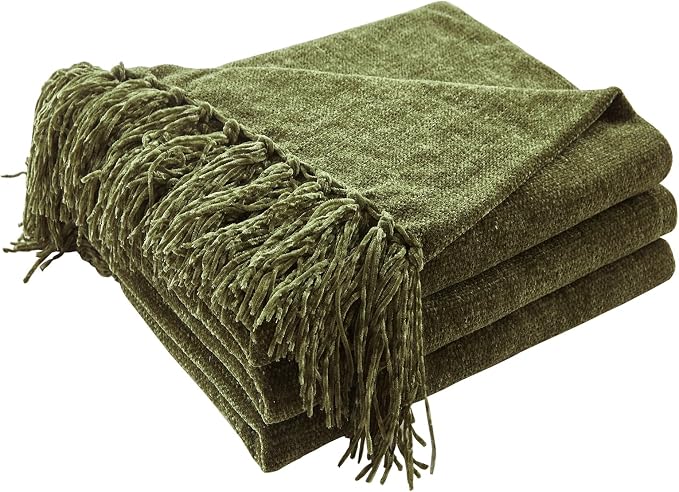 CozeCube Chenille Throw Blanket, Olive Green Fringe Blanket, 60"X80" | For Couch, Cozy Plush Fuzzy Decorative Blanket with Fringe Tassels, Lightweight Throws for Bed Sofa Gift Home Decor
