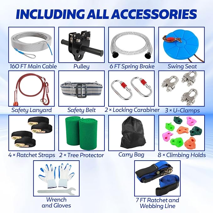 FAHKNS Zip Line Kit for Kids Adults: 160FT Up to 400 lbs - Updated Removable Design Trolley,Thickened Seat,Safety Harness,Quick Tighten Zipline Kits for Outdoor Backyard