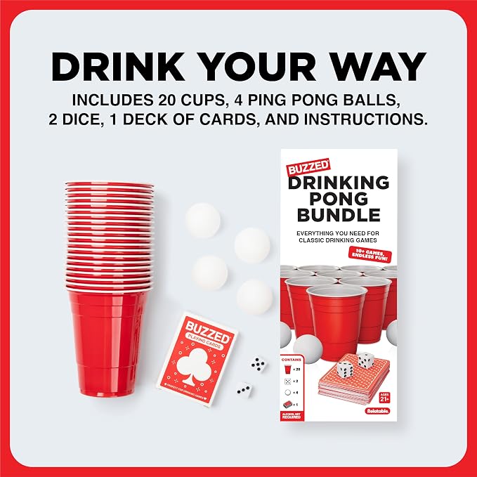 Buzzed Drinking Pong Bundle Kit – Bachelor Party Essentials for Drinking Games, Summer Party Activity for Adults, Outdoor & Poolside Fun, Includes Dice, Pong Balls, Cups & Cards for 10+ Ways to Play