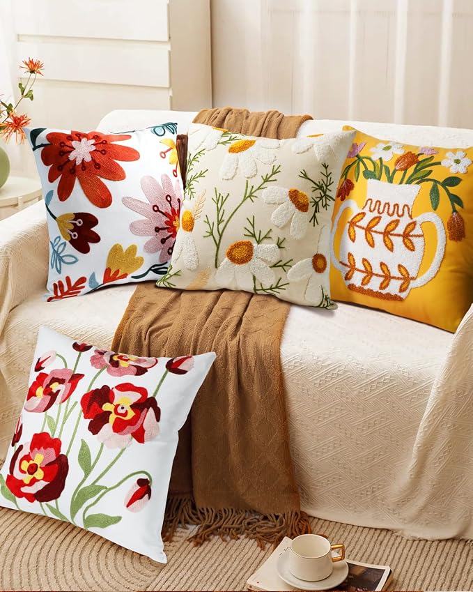 Embroidered Throw Pillow Cover - 18x18 Decorative Pillow Cover with Zipper Aesthetic Cute Design Boho Spring Summer Cozy Throw Pillowcase for Living Room Couch Sofa Bed, Artistic Flowers