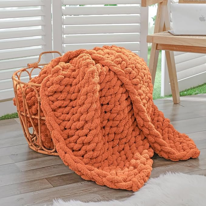 Bigacogo Chunky Knit Throw Blanket for Couch, 40x60 inches, Terracotta | Hand Knit with Jumbo Chenille, Soft Breathable Cable Knit for Sofa Bed Living Room, Machine Washable, Gift for Mom Friend