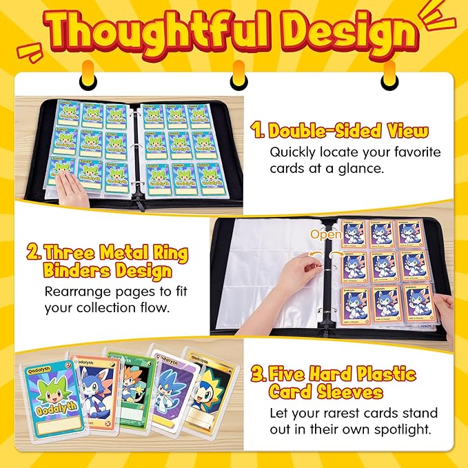 9 Pocket Card Binder with Zipper, Holds 900 Cards, PU Trading Card Album with 5 Hard Plastic Sleeves,Double-Sided Design. Great for Game Cards and sport card