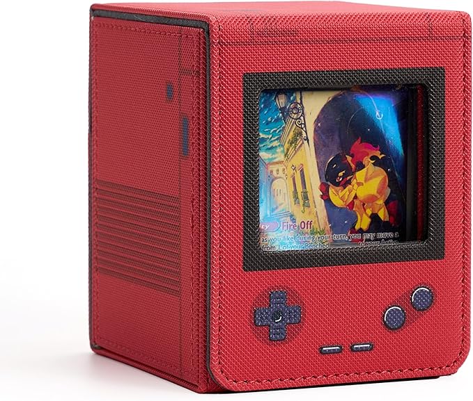 Retro Gaming Console Appearance MTG Deck Box with Commander Display, Card Deck Case Fit 120 Single Sleeved Cards, PU Leather Magnetic Card Storage Box with 2 Dividers, Compatible with TCG/PTCG (Red)