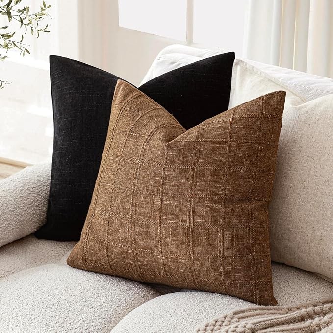 Foindtower Set of 2 Decorative Linen Check Throw Pillow Covers Neutral Farmhouse Vintage Cushion Covers Modern Boho Home Decor for Sofa Chair Couch Bedroom Living Room,18×18 Inch,Brown Hazel