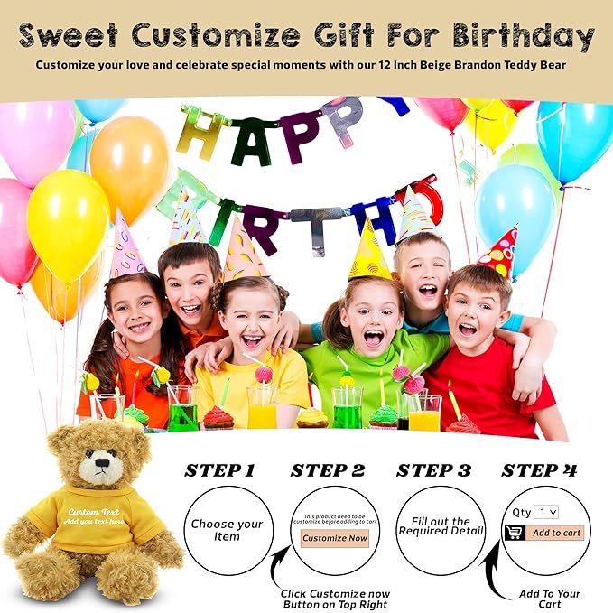 Customized Beige Brandon Bear - 12 inch Personalized Stuffed Bear Plush Toy - Perfect Custom Shirt Bear Gift for Graduation Valentines Graduation Easter Holidays (Yellow Shirt)
