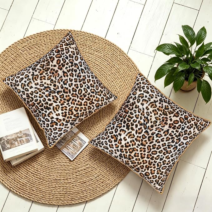 KSLIDS Leopard Print Faux Fur Soft Velvet Throw Pillow Covers Set of 2 Brown Black Cheetah Decorative Pillow Covers 18x18 Inch Animal Pillow Case for Sofa Couch Bedroom Farmhouse Home Decor