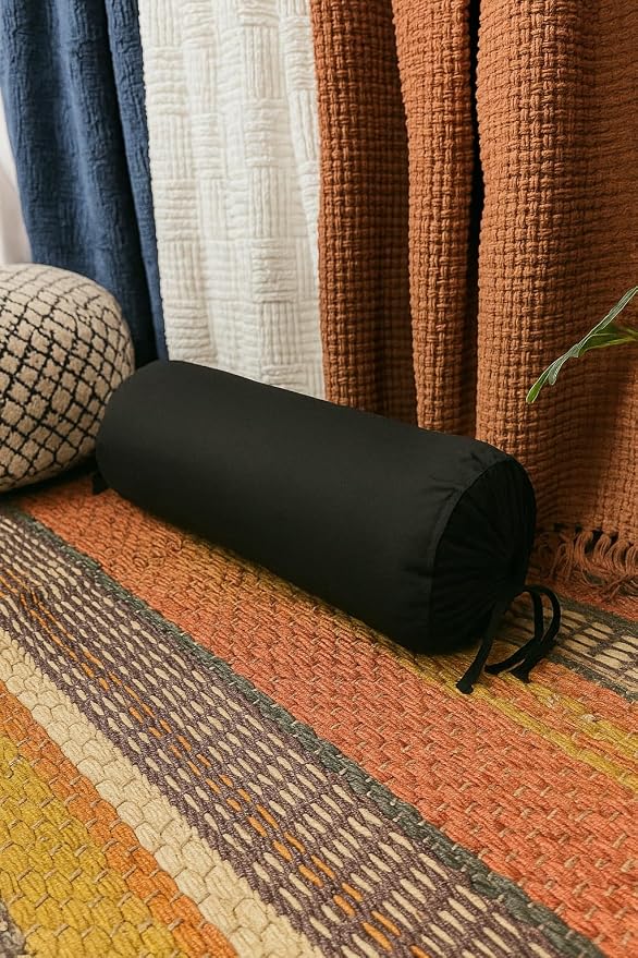 Round Pillow Cover Cervical Neck Roll Cotton Bolster Pillowcase for Cylindrical Cushion and Drawstring Closure Round Neck Pillowcase 6" x 18" (15 x 45 cm) Black