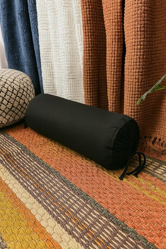Round Pillow Cover Cervical Neck Roll Cotton Bolster Pillowcase for Cylindrical Cushion and Drawstring Closure Round Neck Pillowcase 6" x 18" (15 x 45 cm) Black