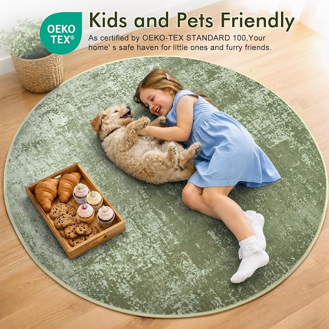4Ft Round Area Rugs for Living Room, Soft Non-Slip Washable Rugs Modern Abstract Pattern Carpet for Bedroom Indoor Floor Nursery Home Decor (Green)