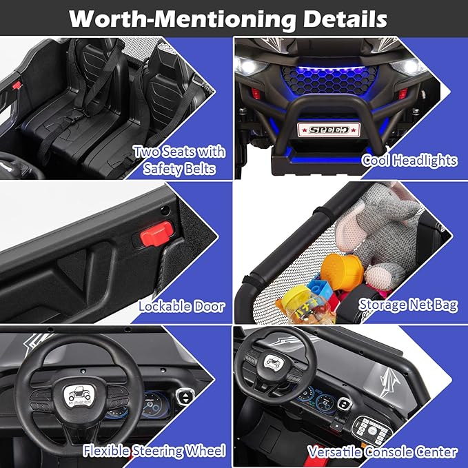 Costzon 2-Seater Ride on Car for Kids, 12V Kids' Electric Vehicles w/Remote Control, 4 Shock Absorbers, Wireless Music & FM, 3 Speeds, Ambiance Lights, Electric UTV, Kid Car Toy for Boys, Girls(Black)
