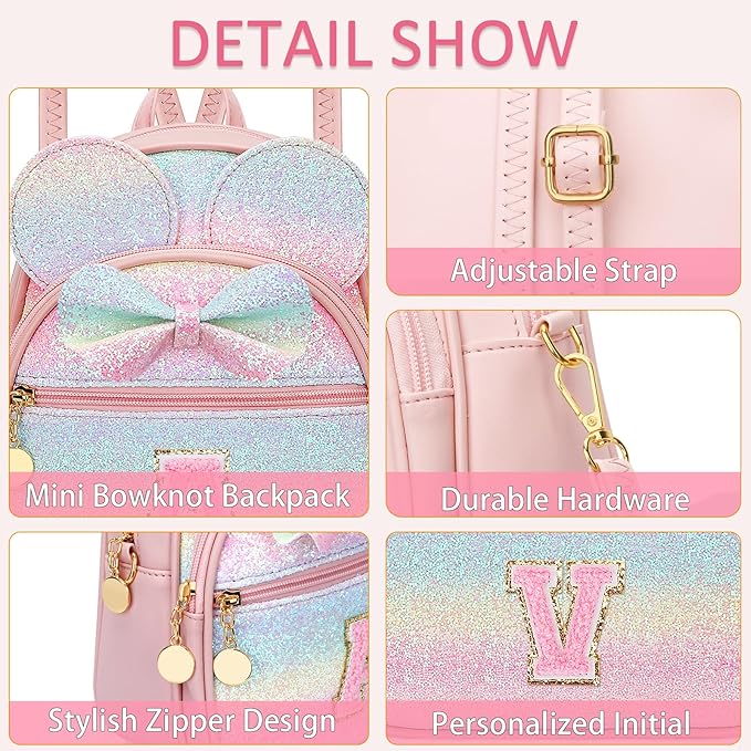 KKXIU Initial Bowknot Mini Backpacks for Girls Women, Small Cute Backpack Purse, Personalized Valentines Day Gifts for Toddler, Kids and Teen Girls(V, Rainbow)