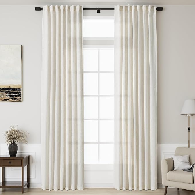 Cream Linen Curtains 134 Inches Long 2 Panels Set for Living Room Extra Long Back Tab Curtains Neutral Farmhouse Light Filtering Semi Sheer Linen Drapes Ceiling to Floor for Large Window 52x134