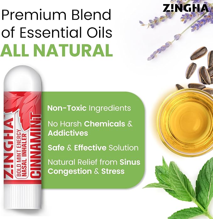 Z!NGHA Natural Aromatherapy Nasal Inhaler Stick for Sinus Relief, Focus & Stress Relief | Portable Dual-Hole Essential Oil Blend (4PK, Coolmint)