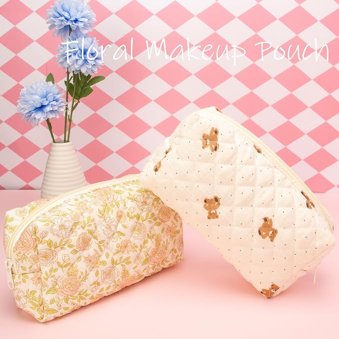 PAZIMIIK Small Quilted Makeup Bag,Zipper Cosmetic Pouch,Gauze Bear,6 Pack | Lightweight Cosmetic Bag Organizer for Women,Purse Storage Holds Makeup,Toiletries,Skincare,Beauty Essentials,Travel Items