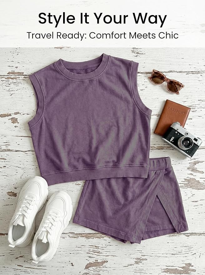 Women 2pc Mineral Wash Athletic Lounge Tank Skirt Set | Soft mineral wash cotton,Breathable.Relaxed lined split skirt.Ideal for travel,lounge,gym,workout casual daily wear