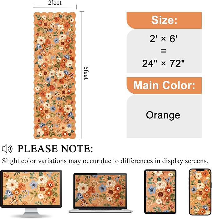 DUKINO 2x6 Runner Rug, Floral Washable Rug for Kitchen Non Slip, Orange | Soft, Low Pile, Non-Shedding Long Runner Rugs for Kitchen, Entryway, Bedroom, Bathroom, Pet Friendly, Home Decor, Ultra-Thin