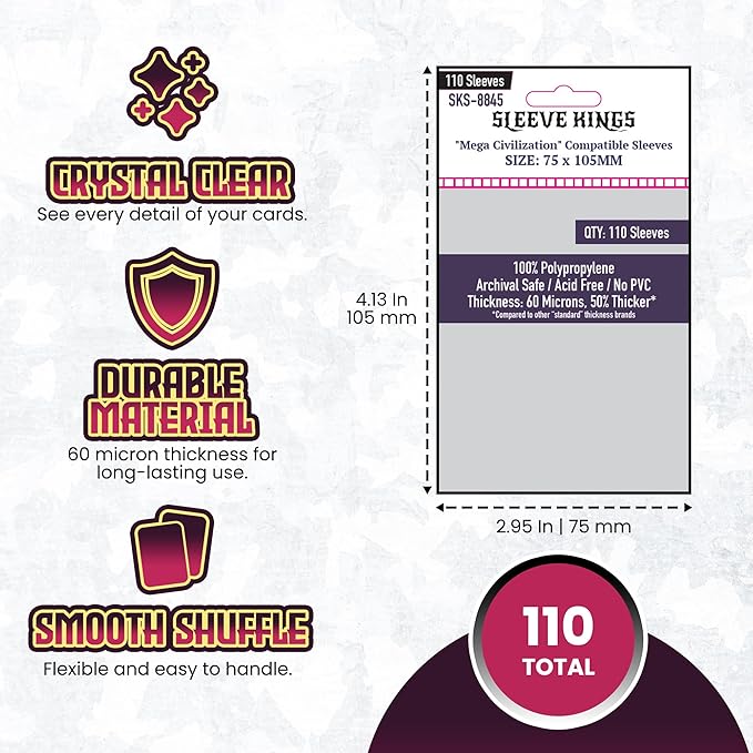 Sleeve Kings Standard Card Sleeves – 110 Count, Clear 60 Micron Thickness, Large Size (75 x 105 mm), Compatible with Mega Civilization & More – SKU: SKS-8845