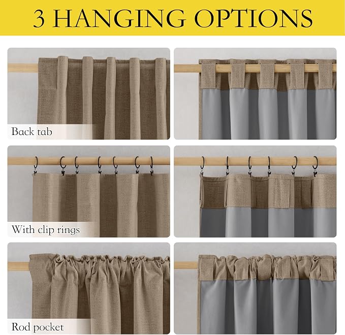 NICETOWN Short 100% Blackout Curtains 63" Long, Linen Blend Drapes with Thermal Insulated Grey Liner, Keeping Out Cold Air and Heat Panels for Kitchen, Cafe Bar (Set of 2, 52" Width, Burlap)