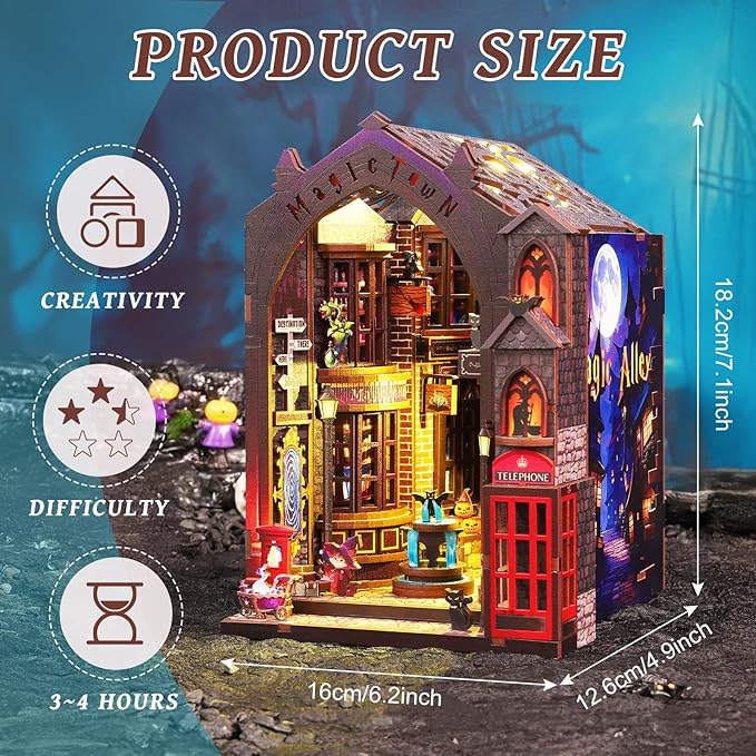 Foyucool Book Nook Kits for Adults, Magic Alley DIY Book Nook Kit, 3D booknook Craft Kits Bookshelf Insert with Sensor LED Light, Creative Craft Gift for Adults & Teens