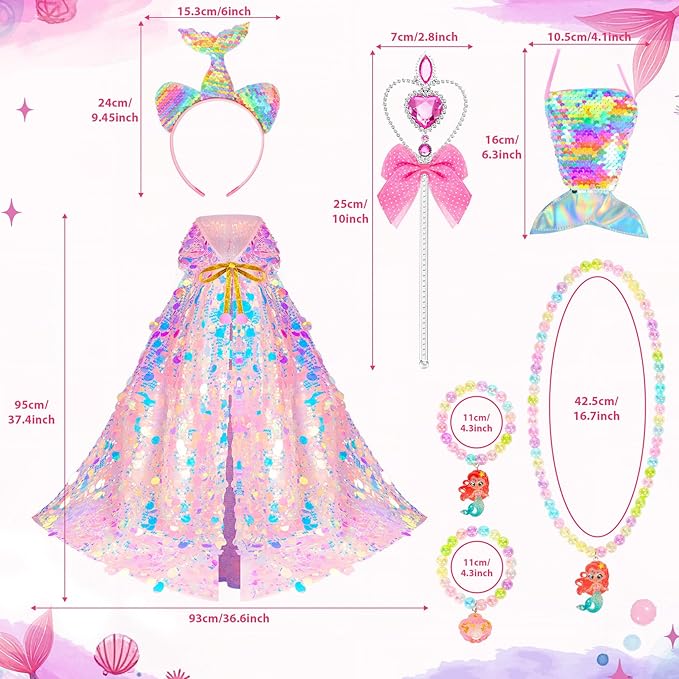Mermaid Toys Princess Dress Up for Girls Princess Dress Up Cloak Gift Set for Little Girls 3-8 Years Old, Idea Gift for Birthday Christmas Halloween