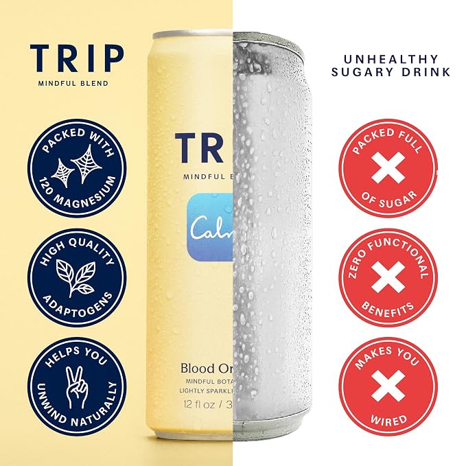 TRIP Lightly Sparkling Adaptogen Drink, Non Alcoholic Drink with Magnesium, Ashwagandha, Lions Mane & L Theanine, No Added Sugar Mocktail, Vegan, Blood Orange, 12 Oz, 12Pk
