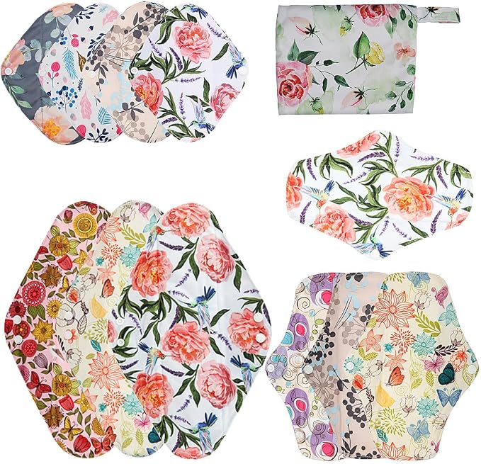 12 Pack Cloth Menstrual Pads,Reusable Sanitary Pads,4 Pieces Panty Liners + 4 Pieces 10 Inch Regular + 3 of 14 Inch Overnight and 1 of Mini Bag,Unscented