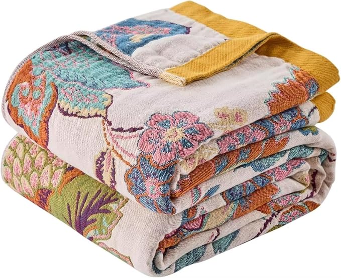 Boho Throw Blanket Farmhouse Decor Throw Blanket Bohemian Blanket for Bed 100% Cotton Muslin Woven Couch Blanket All Seasons Quilt Bedroom (B-Beige, 50"x60")