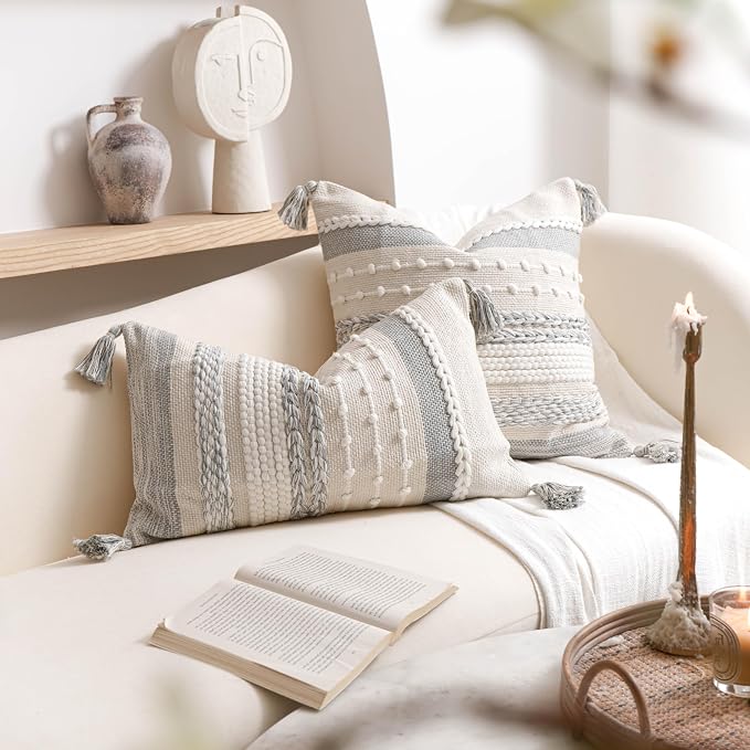 Gray Boho Decorative Throw Pillow Cover 20x20 Square Farmhouse Accent Cushion for Couch Sofa Livingroom Bedroom Pillowcase Modern Home Décor (Pack of 1)