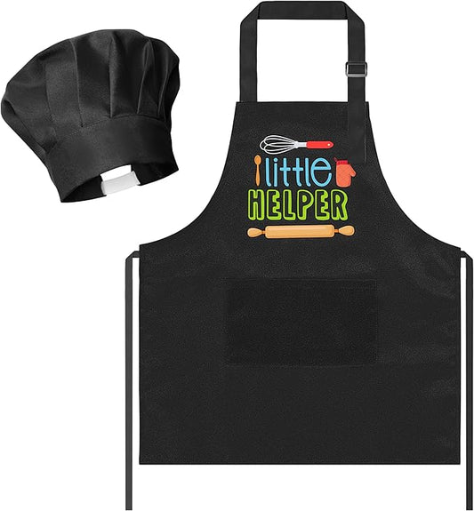 R HORSE 2Pcs Kid Apron and Chef Hat Set Adjustable Children Black Kitchen Apron Dress up Role Play Chef Toy Cooking Baking Painting and Training Kits Kid Funny Cooking Gift Birthday Gift for Kids