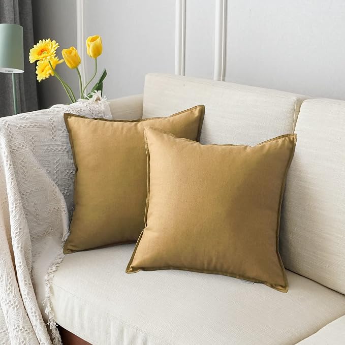 Jeanerlor 24" x 24" Natural Cotton Linen Soft Soild Decorative Square Throw Pillow Covers Green Set Cushion Case for Sofa Bedroom Car 60 x 60cm, Earth Yellow
