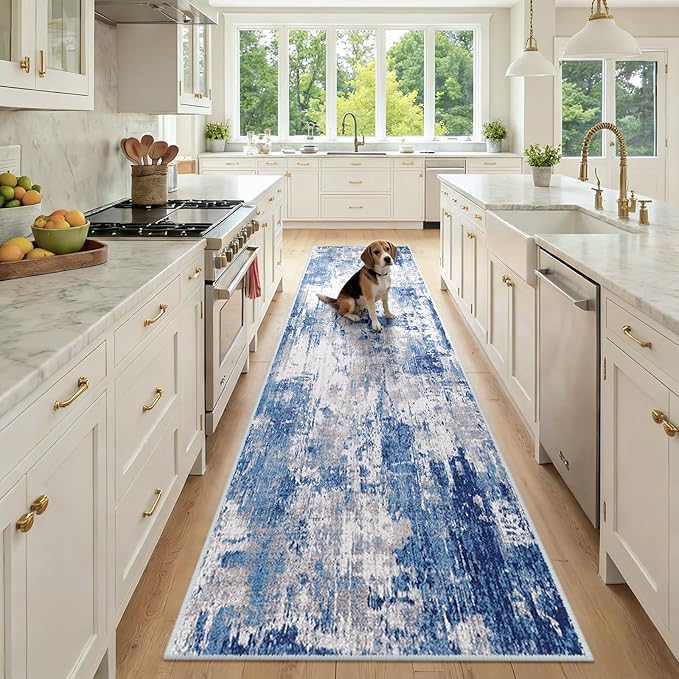 RELEANY Washable Runner 2'6"x10' Abstract Area Rug for Hallway Blue Gray | carpet for kitchen, entryway, bathroom, living room, bedroom, printed pattern, non-slip, soft, stain-resistant, easy to clean