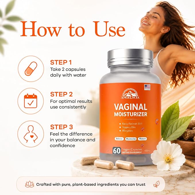 ANGELYCIA Natural Probiotic Vaginal Moisturizer Pills for Women – Slippery Elm Feminine Care Supplement for Vaginal Moisture, Dryness Relief & Healthy pH Balance Support