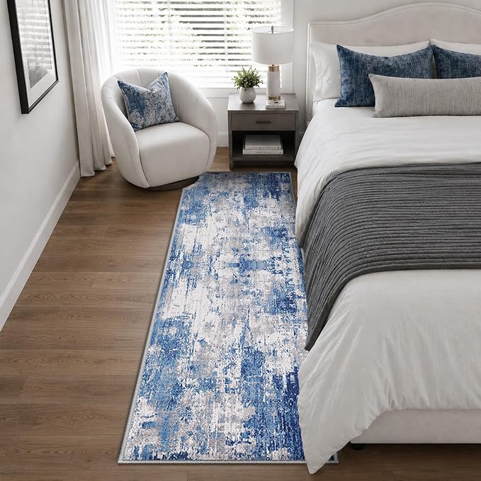 RELEANY Washable Runner 2'x8' Abstract Area Rug for Hallway Blue Gray | carpet for kitchen, entryway, bathroom, living room, bedroom, printed pattern, non-slip, soft, stain-resistant, easy to clean