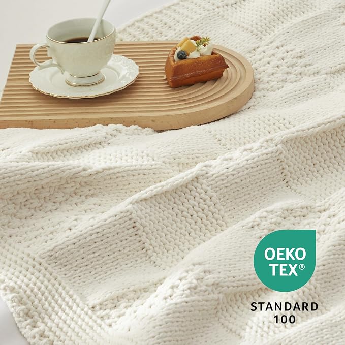 Knit Throw Blanket, Soft Chenille Cozy Breathable Checkered Chunky Decorative Blanket for Couch, Bed & Sofa, French-Inspired Lightweight Warm Gift for Women, Ivory, 60"x80"