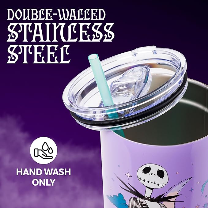 Silver Buffalo Disney Nightmare Before Christmas by Tim Burton Jack Skellington Double Walled Stainless Steel Tumbler with Handle and Straw, Fits in Standard Cup Holder, 40 Ounces
