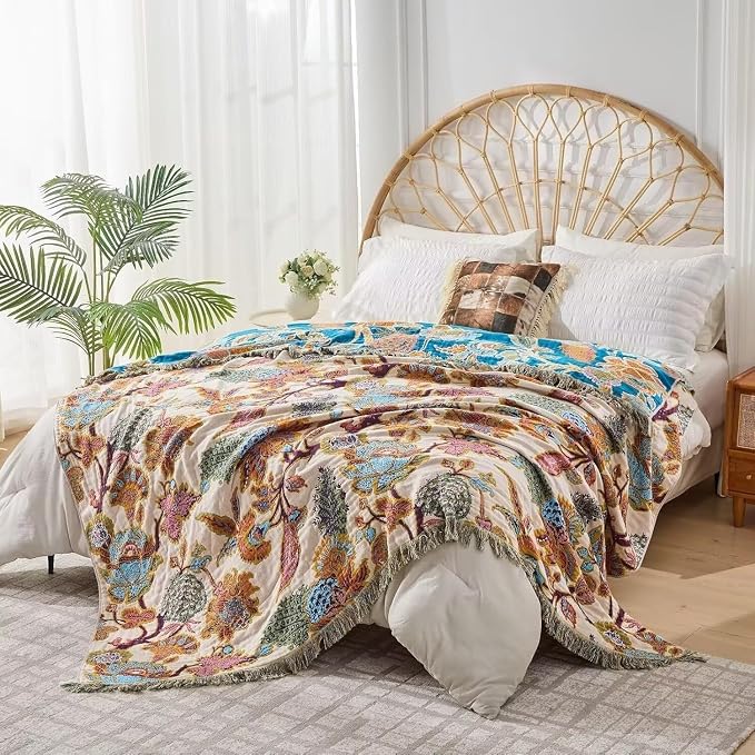 Boho Throw Blanket Farmhouse Decor Throw Blanket Bohemian Blanket for Bed 100% Cotton Muslin Woven Couch Blanket All Seasons Quilt Bedroom (E-Beige, 50"x60")
