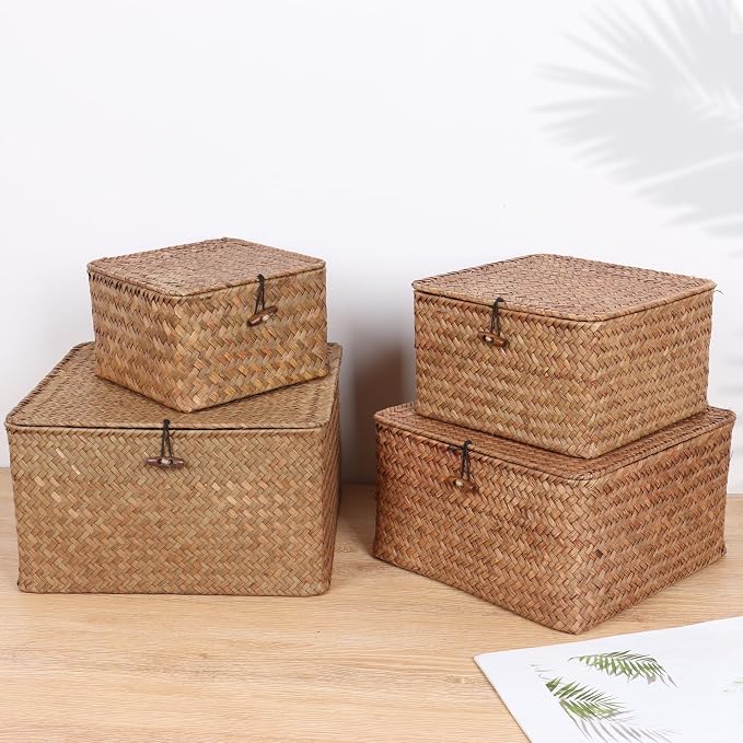 Moosky Wicker Shelf Baskets with Lid, Handwoven Seagrass Storage Basket Bins Square Gift Boxes for Shelves Home Decor Organizer (Coffee, Small)