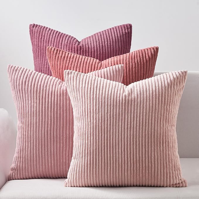 Topfinel Throw Pillow Cover 4pc Set - Multi Pink Combo - 26" x 26" Solid Cozy Corduroy Square Accent Decorative Cushion Case for Couch Sofa Chair Bed & Home, Only Covers