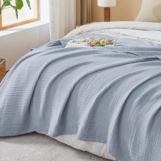 EMME Cotton Muslin Twin XL Blanket Breathable Gauze Soft Lightweight Blankets Adults Gifts for Women (Heather Dusty Blue, 66"x90")