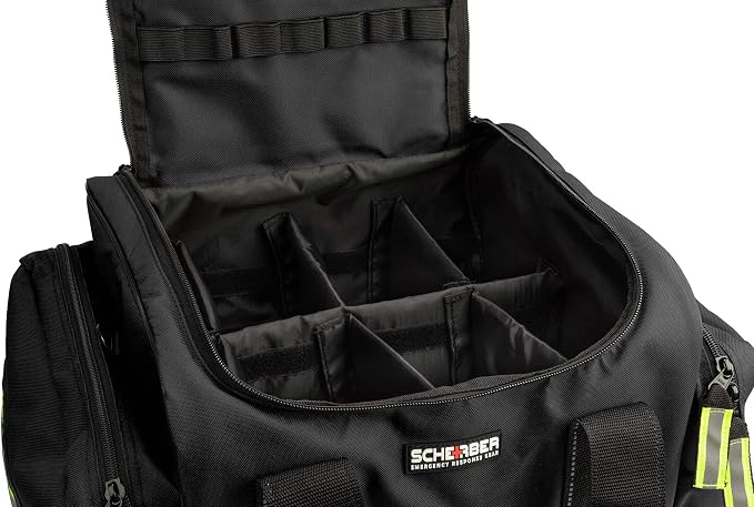Scherber First Responder Fully-Stocked Large Professional Essentials EMT/EMS Trauma Kit | HSA/FSA Approved | Reflective Bag w/8 Zippered Pockets & Compartments & 250+ First Aid Supplies (Black)
