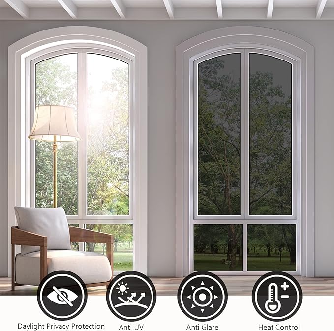 KESPEN Window Film One Way Daytime Privacy Static Cling Sun Blocking Anti UV Reflective Window Tint for Home and Office, Black-Silver, 29.5 Inch X 6.5 Feet