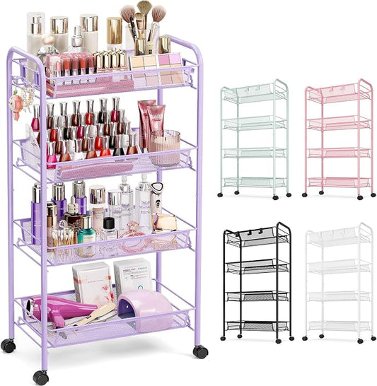 TOOLF 4 Tier Rolling Cart, Metal Utility Storage Cart with Wheels, Purple | 3 Hooks, Screwless Assembly, Trolley Organizer for Bathroom, Kitchen, Office, Nursery, Dorm, Laundry Room