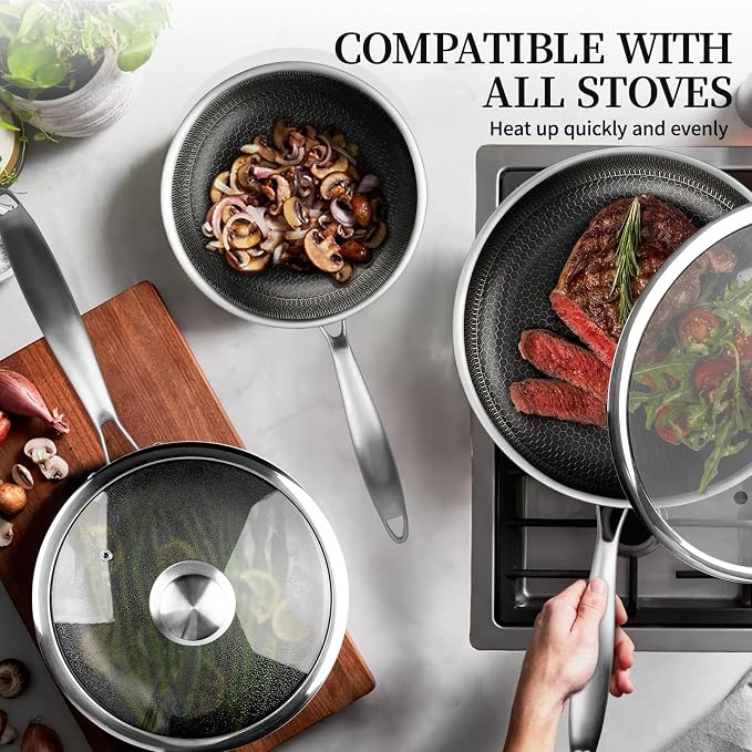 6 Pieces Stainless Steel Frying Pan Set with Lids(8"+9.5"+11") | Honeycomb Nonstick Frying Pan Set, Induction & Oven Safe, Stay-Cool Handles, Compatible with All Cooktops, PFOA Free