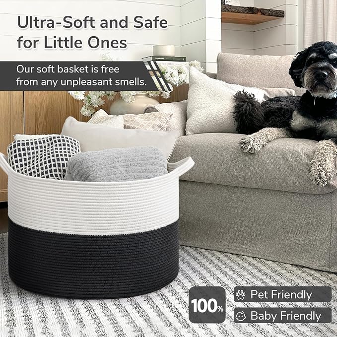 INDRESSME XXXLarge Woven Rope Blanket Basket Living Room White Black, 90L | 21.7" x 13.8" Storage baskets for toys laundry & pillows. Fits living room, bedroom or nursery décor. Soft-touch with handles