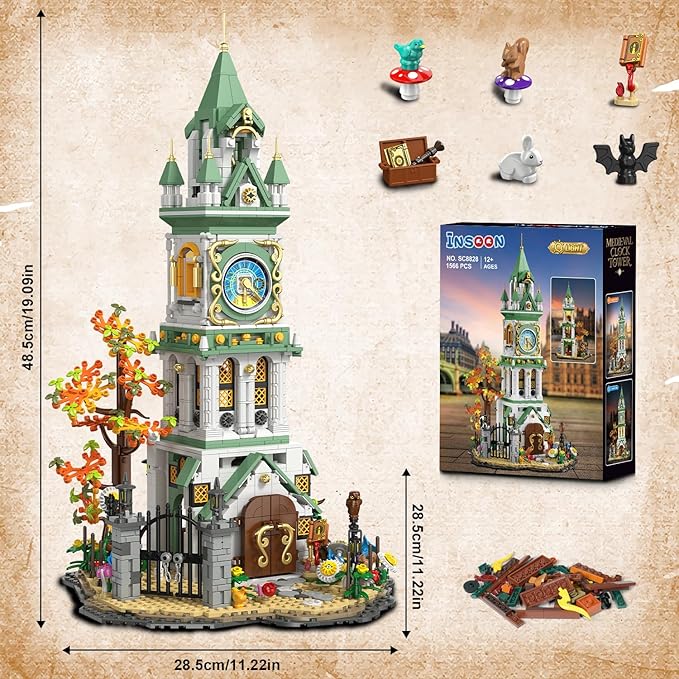 INSOON Magic Clock Tower Building Set with Light, 1566 PCS Big Medieval Castle House Construction Model with Owl & Garden, Home Decor Building Block Kit, Easter Gift for Adults Teens Boys Girls 12+